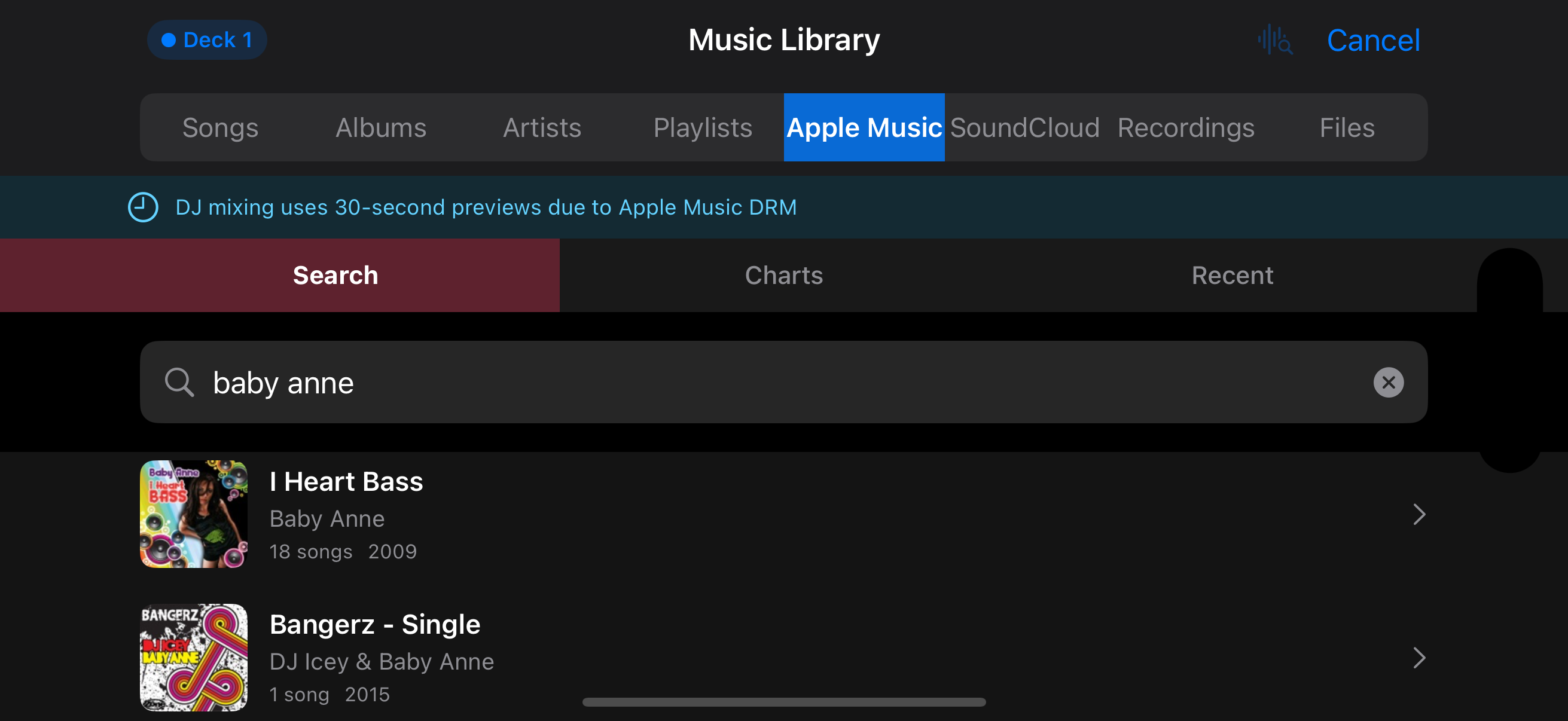 Tremor music library with source tabs
